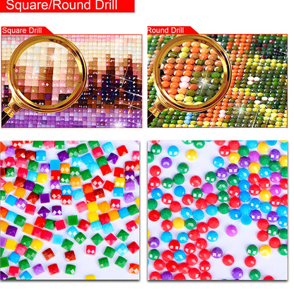 Diamond painting DIY kit showing four consecutive canvas panels forming 115x60cm artwork with oil-on-canvas material
