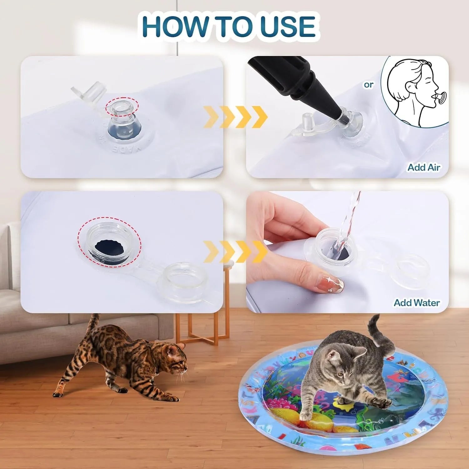 Thickened PVC water sensory playmat for pets with ocean fish design and floating toys.