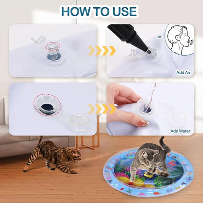 Thickened PVC water sensory playmat for pets with ocean fish design and floating toys.