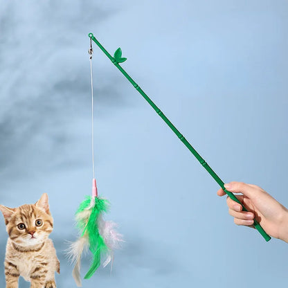 Green interactive cat feather wand toy with bell for durable feline play and stimulation