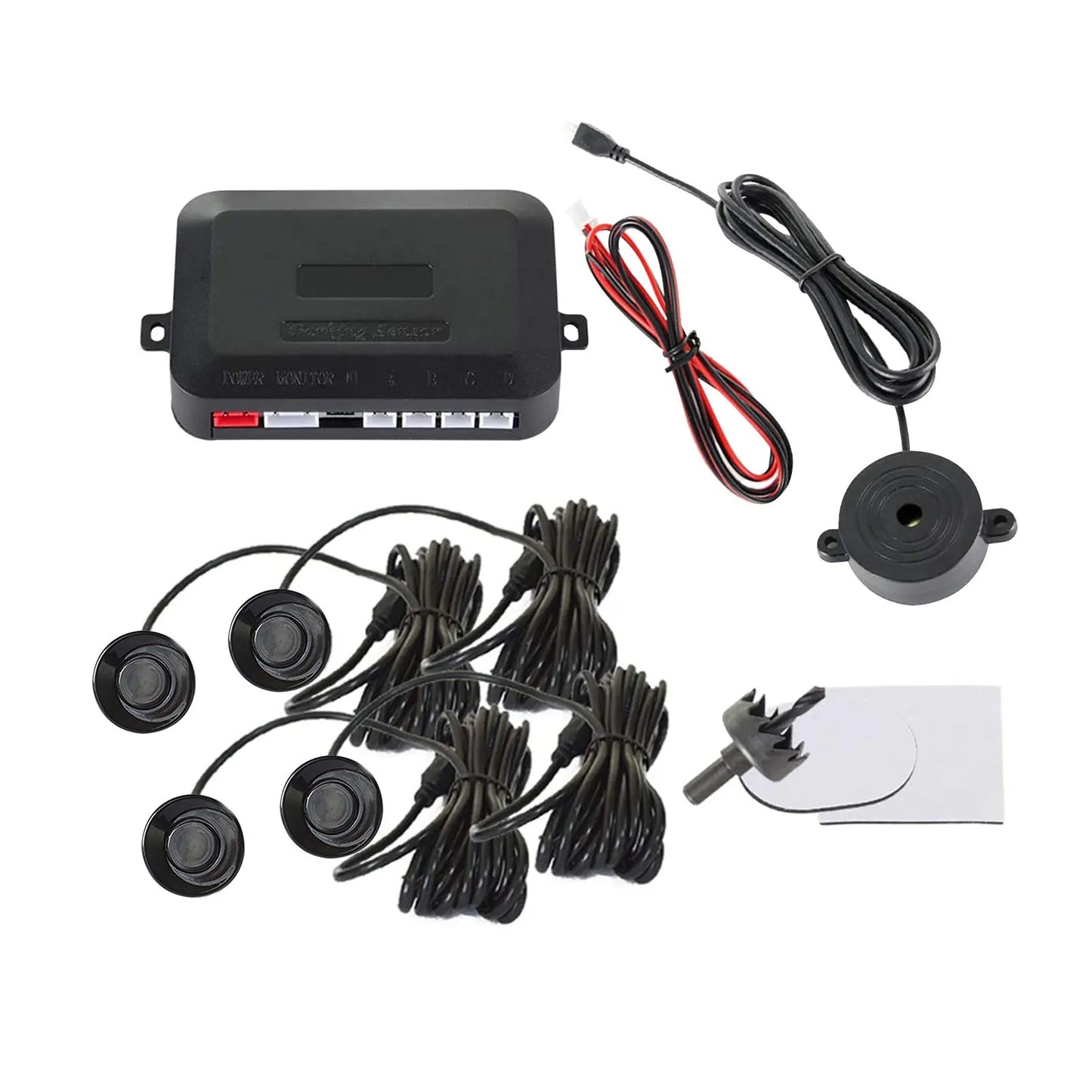 4-probe buzzer reversing radar kit with sensors, control module, and hole saw.