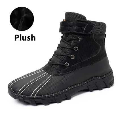 Warm lace-up winter snow boots with fleece lining, waterproof and anti-slip rubber soles, and stylish velvet or single-color options