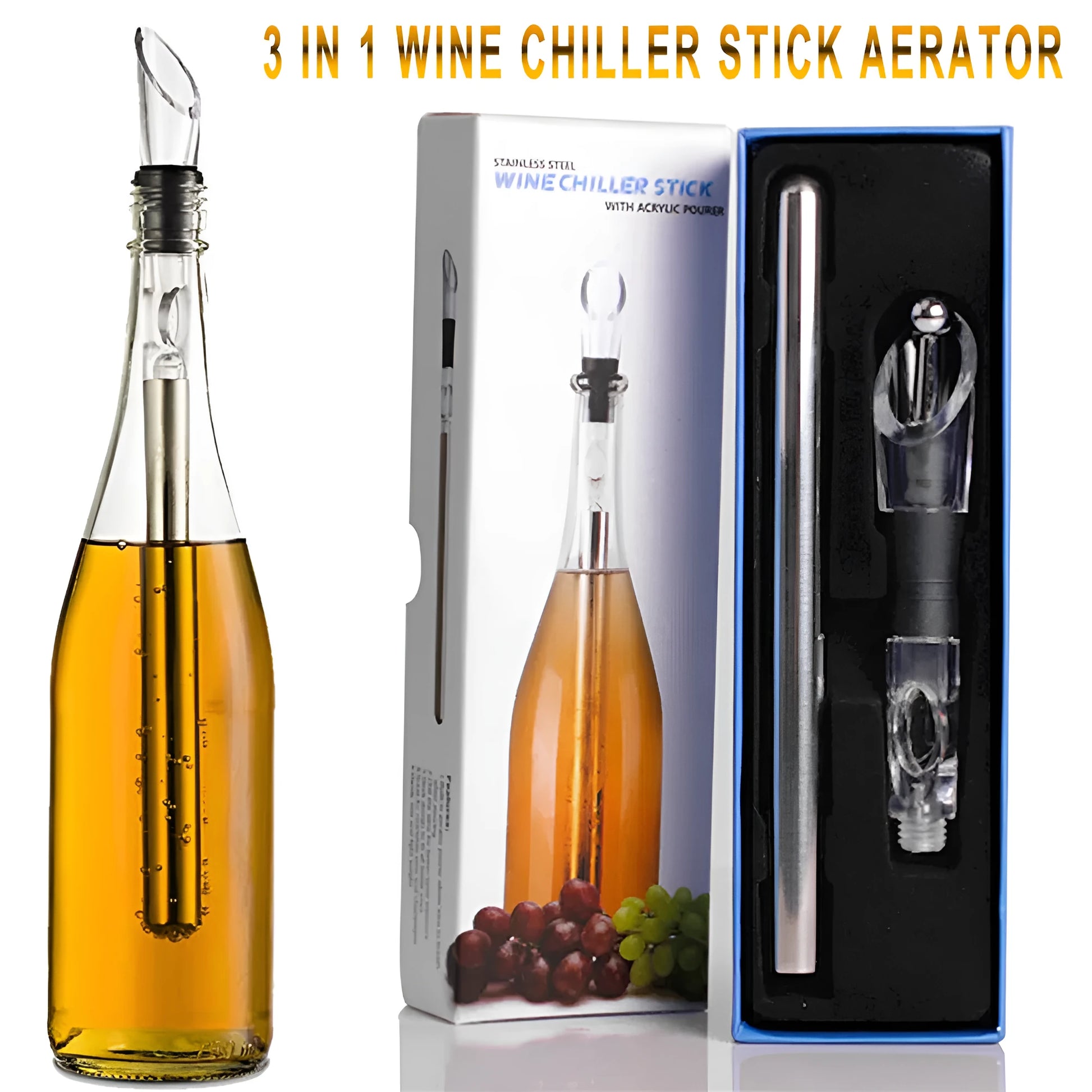 Stainless steel wine chilling rod with acrylic aerator pourer for cooling bottles from inside