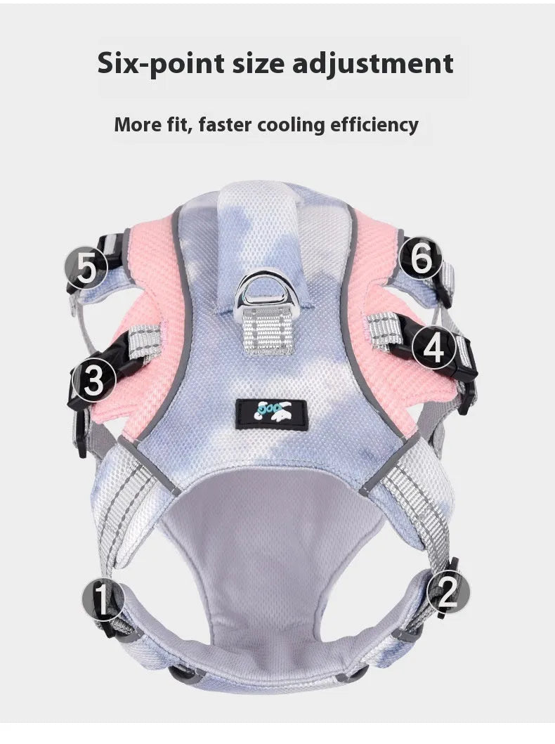 Reflective pet cooling chest strap in light blue, adjustable for dogs, with reflective strips for safety.