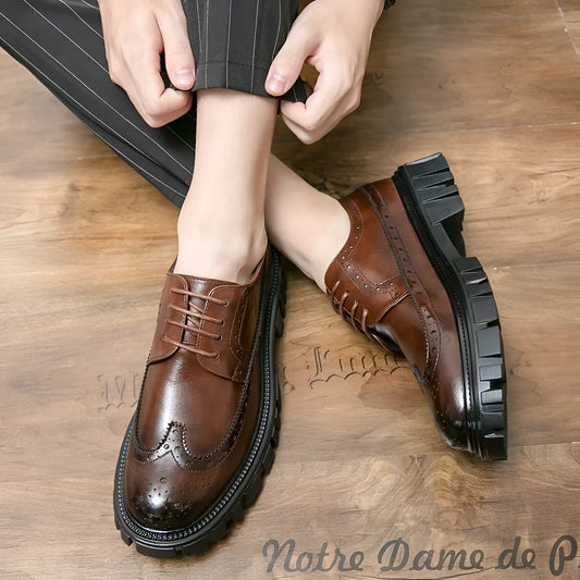 Men's black and brown artificial PU brogue shoes with round toe on white background