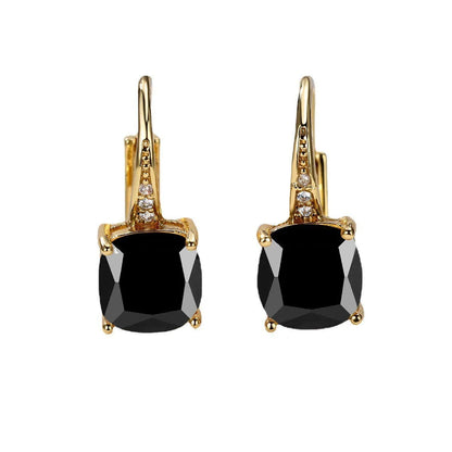 Square zircon inlaid ear hook earrings with geometric design and electroplated finish in golden tone