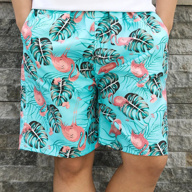 Men's floral printed swimming trunks in polyester fabric showing multiple pattern options for beach and pool use