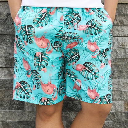 Men's floral printed swimming trunks in polyester fabric showing multiple pattern options for beach and pool use
