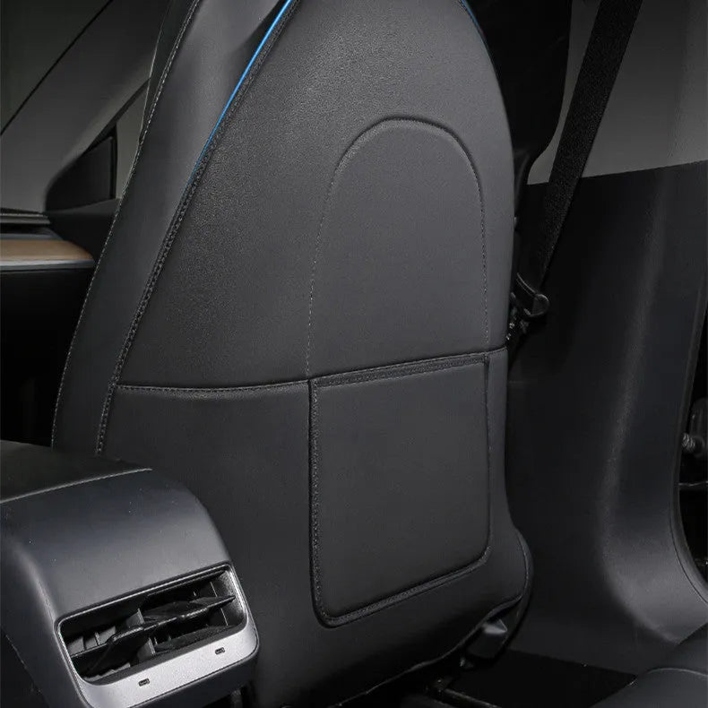 Set of two black leather rear anti kick pads for car seat back protection.