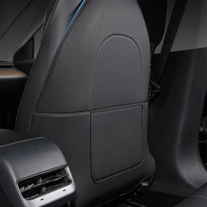Set of two black leather rear anti kick pads for car seat back protection.
