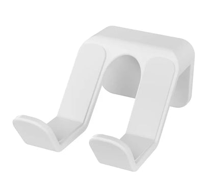 Black ABS plastic wall hanging rack with an X-shaped handle, shown with adhesive gel and screws for mounting.