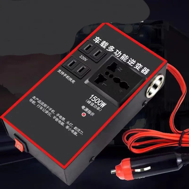Black 12V 24V to 220V automotive power converter with AC socket and USB charging ports.