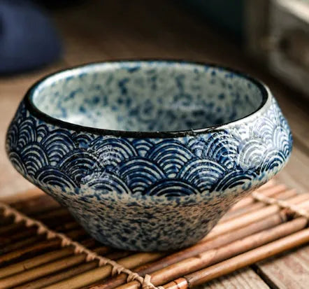 A tall porcelain soup bowl with a Japanese-inspired underglaze pattern, suitable for noodles and microwave use.