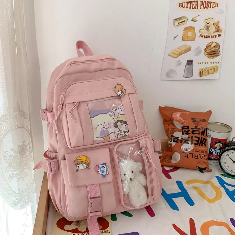 Girls' backpack with 29×12×40cm dimensions in black, white, green, and pink colour options