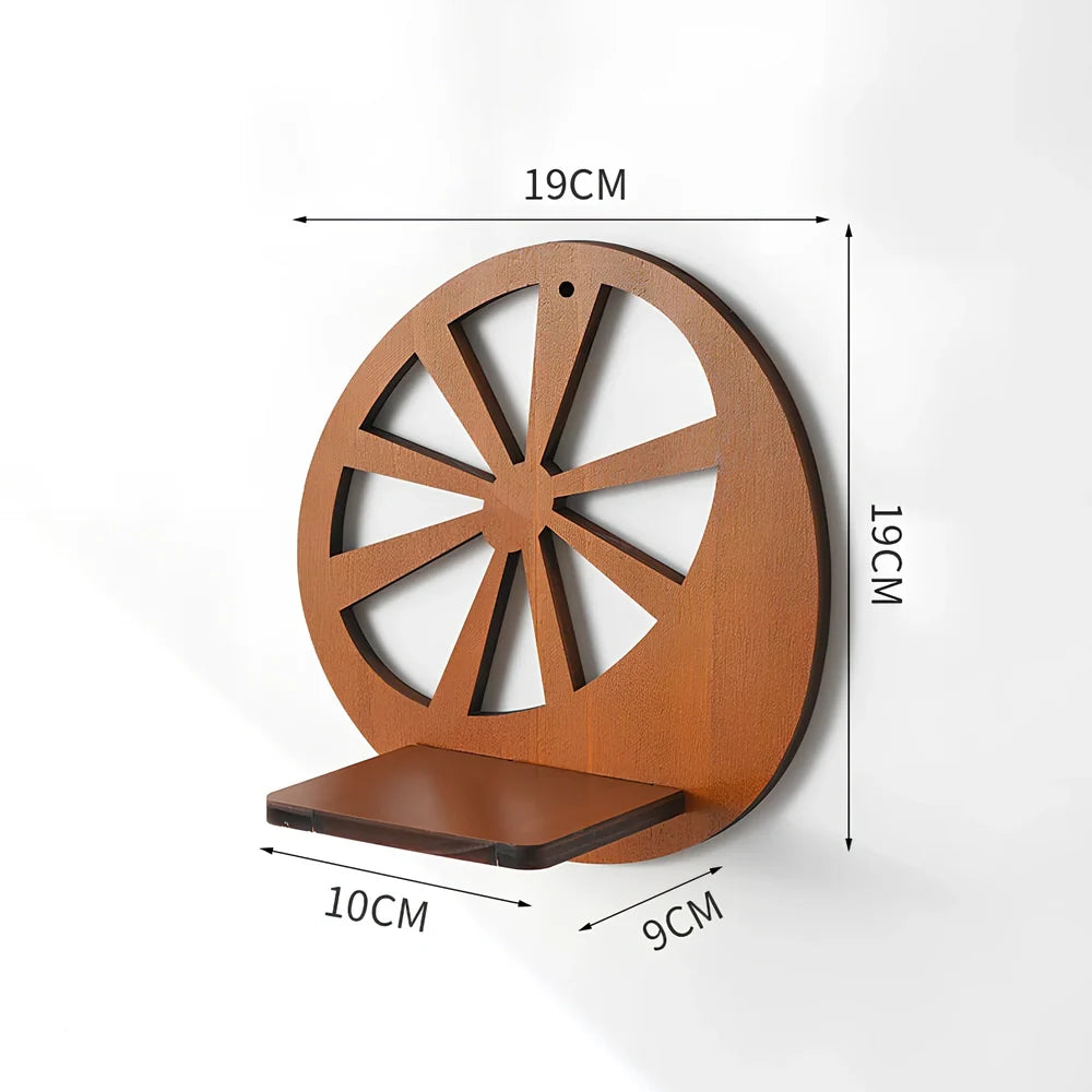 Solid wood wall shelving with irregular shape displaying plants in water bottle reservoirs with retro castle design