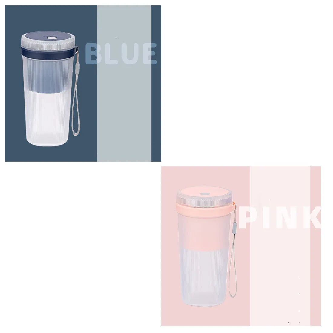 Portable USB rechargeable blender cup in blue, green, or pink with 300ml capacity and detachable blades