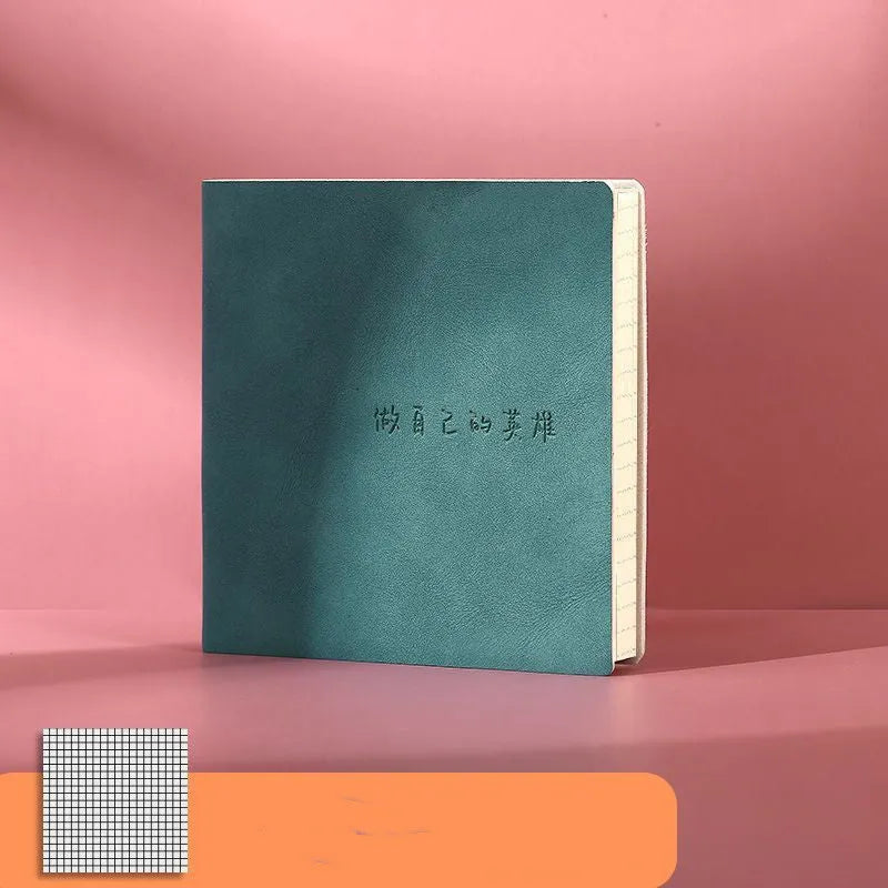 Square faux leather mesh cover notebook open on a blank Daolin paper page.