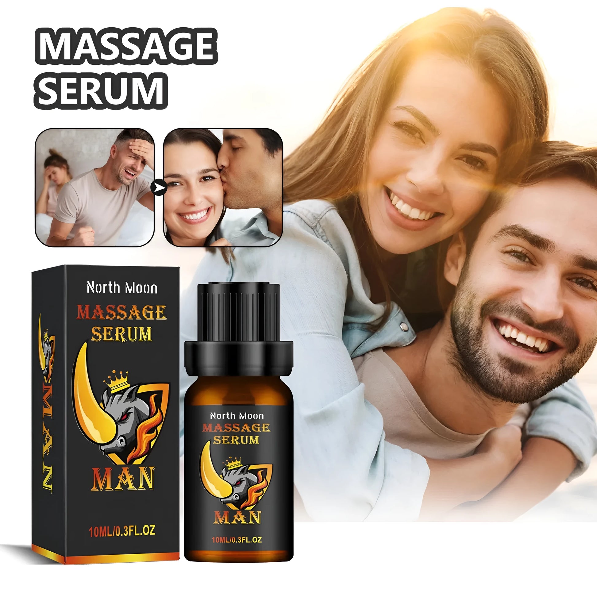 10 ml bottle of men's massage essential oil with ginger root oil and jojoba oil.