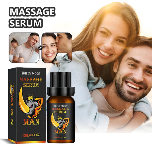 10 ml bottle of men's massage essential oil with ginger root oil and jojoba oil.