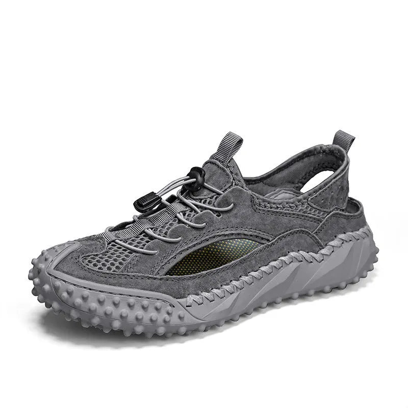 Men's black waterproof sports sandals with leather mesh upper, elastic band, and rubber sole.