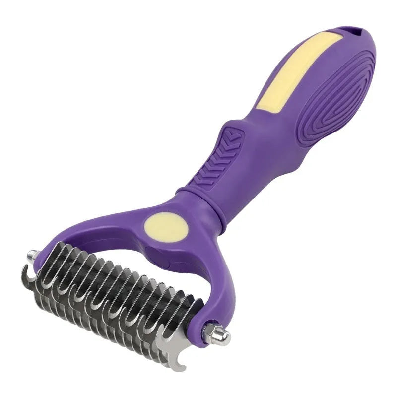 Purple plastic double-sided pet comb for removing knots and tangles from dog and cat fur