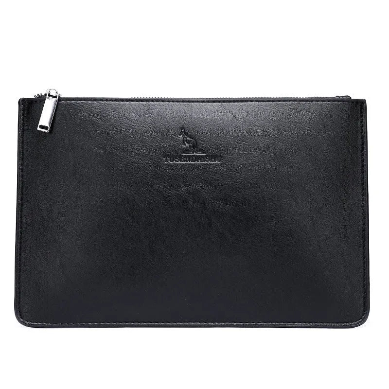 Men's black checkered PU leather clutch wallet open, showing six card slots and a central zippered pocket.