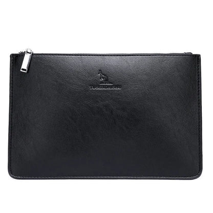 Men's black checkered PU leather clutch wallet open, showing six card slots and a central zippered pocket.