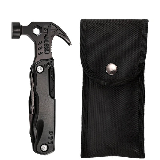 Black stainless steel folding hammer showing 168mm length with aluminium alloy handle in unfolded position