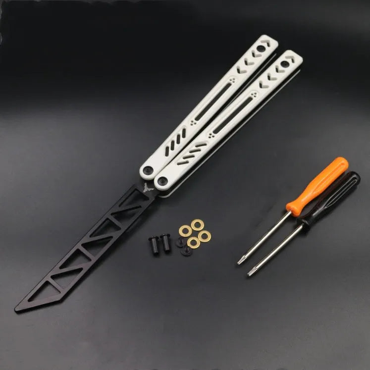 Butterfly knife practice trainer with aluminium handle and G10 grip patches in multiple colour options