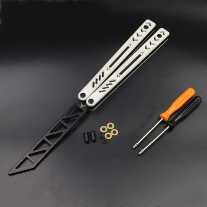 Butterfly knife practice trainer with aluminium handle and G10 grip patches in multiple colour options