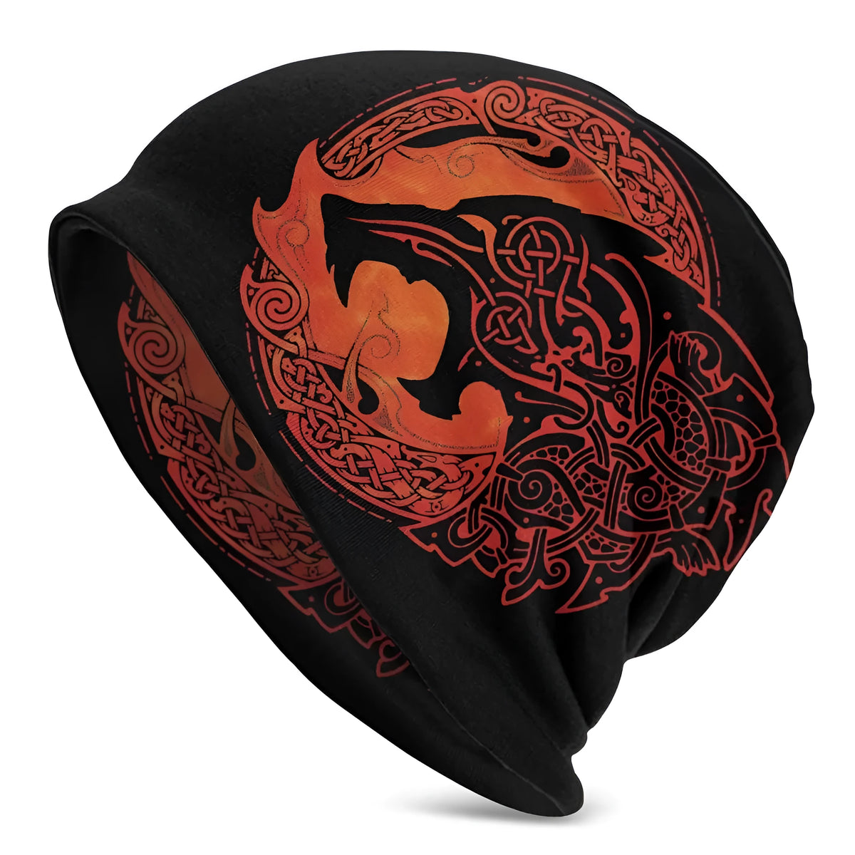 A black cotton hat with a white Viking wolf graphic and an elasticated sleeve cap construction.