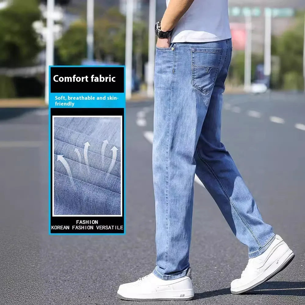Men's tapered trousers in stretch cotton denim fabric for business casual wear