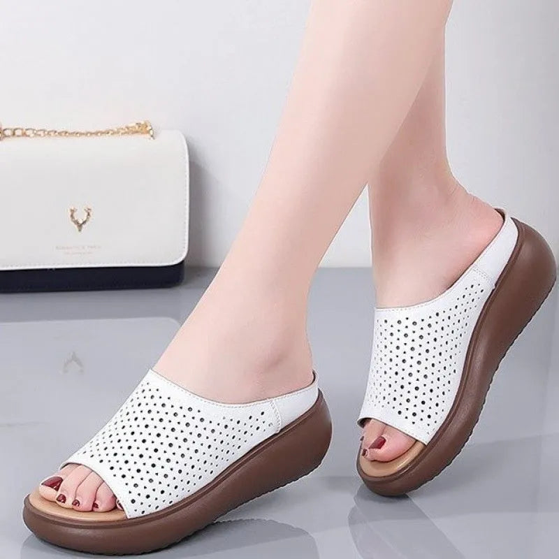 Peep toe platform heel women's shoes with rocking bottom sole, PU upper, rubber sole, ethnic pattern.