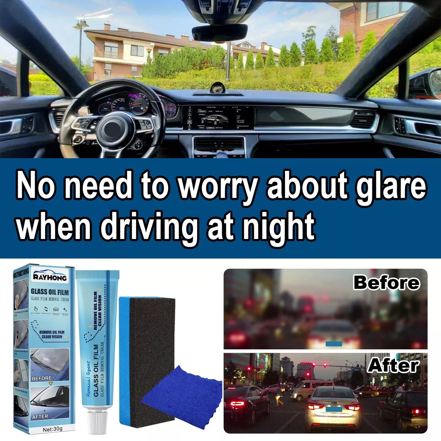 30g Car Windshield Glass Decontamination Rainproof Oil Film Remover with Sponge Cloth