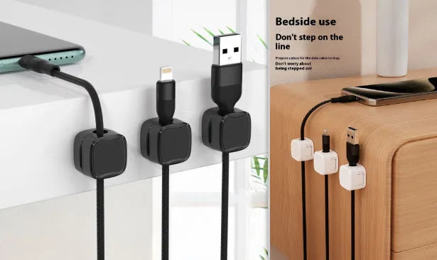 Black and white magnetic cable clips for under desk cable management with adhesive backing