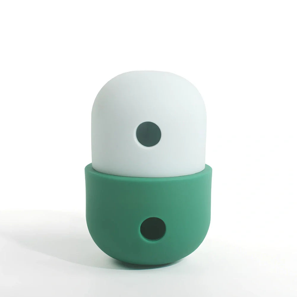 Yellow and blue silicone dog toy ball with treat opening for medium to large breed dogs