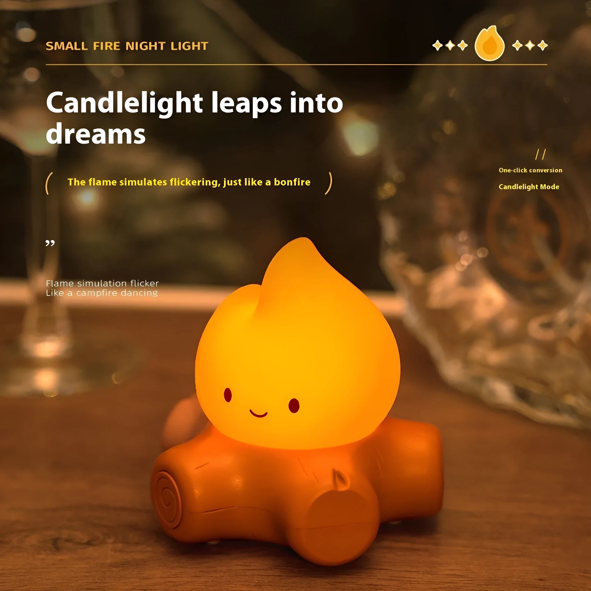 Small silicone fire pile-shaped night lamp with a cartoon ABS shade showing yellow light illumination.