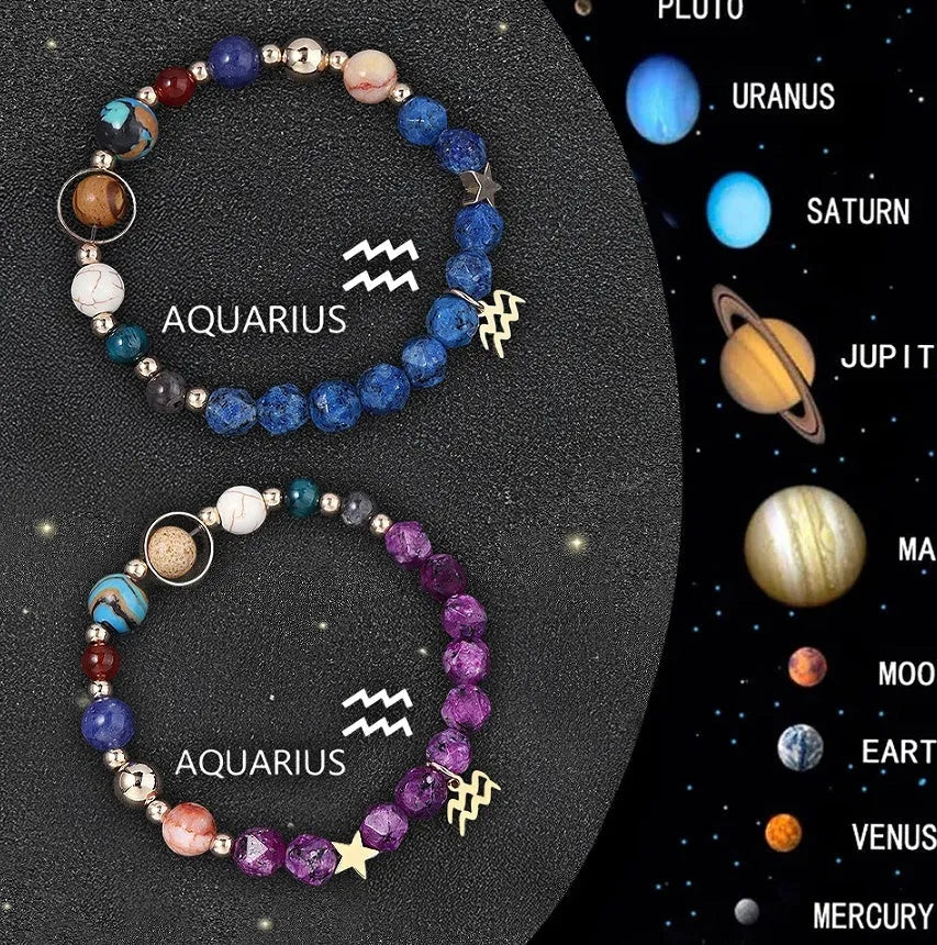 Twelve Zodiac Sign Beaded Bracelet Set with natural stone beads and adjustable cord on wrist