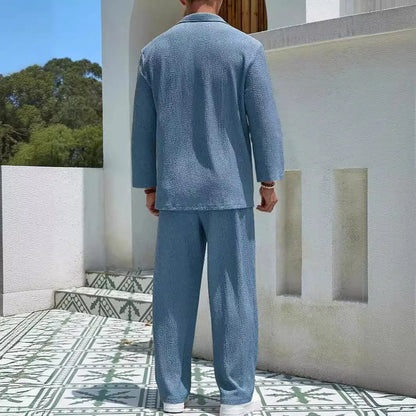Men's casual shirt and trousers set in lake blue with shirt-style jacket and matching trousers for autumn leisure wear