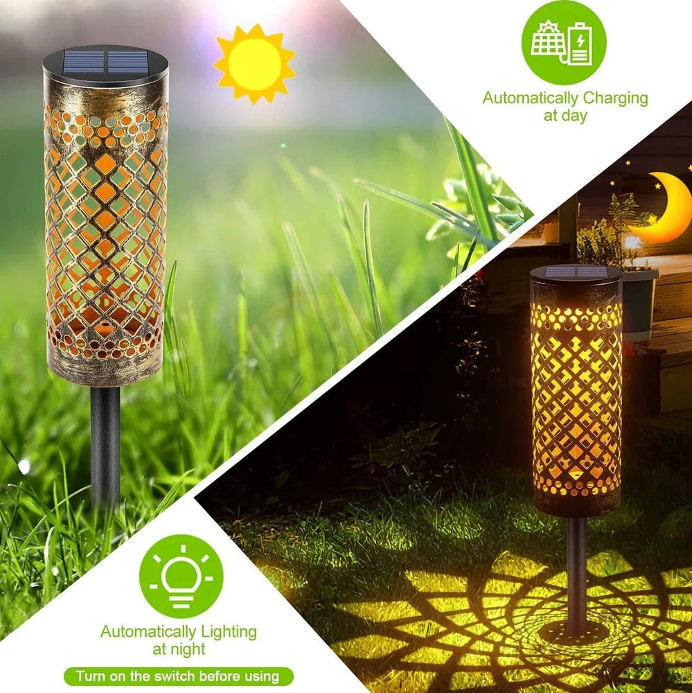 Geometric metal solar lawn lamp with warm white illumination in courtyard setting
