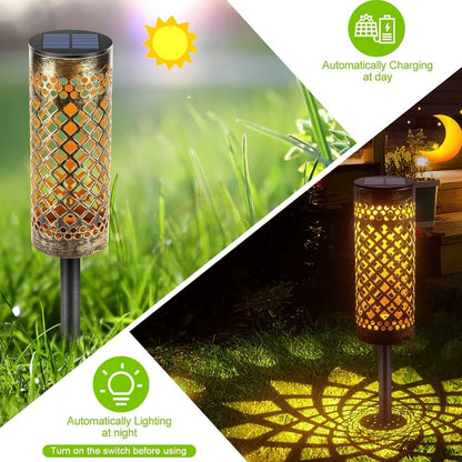 Geometric metal solar lawn lamp with warm white illumination in courtyard setting