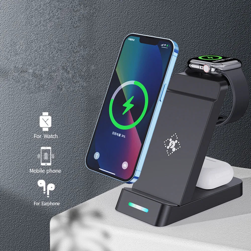 Black and white wireless 3-in-1 charger with phone stand, charging phone, AirPods, and iWatch on desk