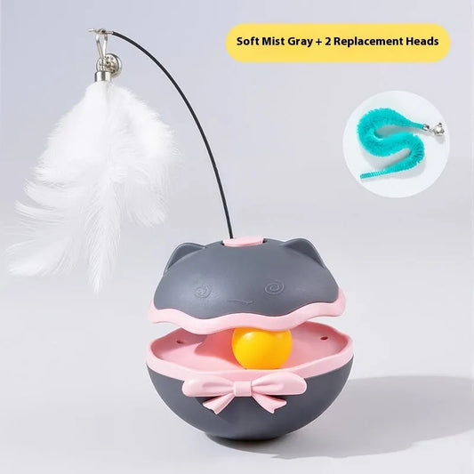 Electric cat teaser toy in lemon yellow, sky blue, or soft fog grey with battery-operated tumbler mechanism