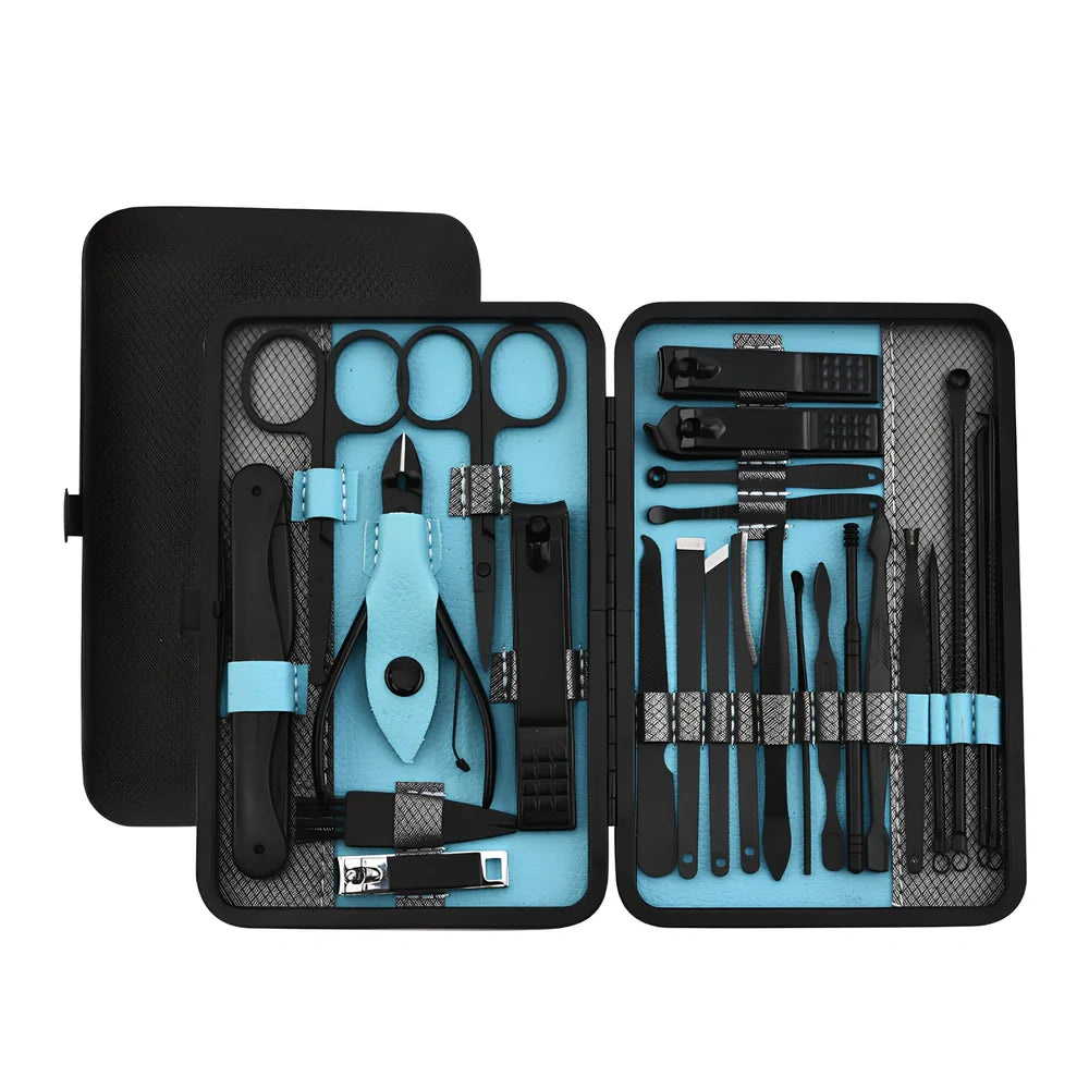 Beauty manicure nail care kit with stainless steel tools in red PU leather case weighing 397g