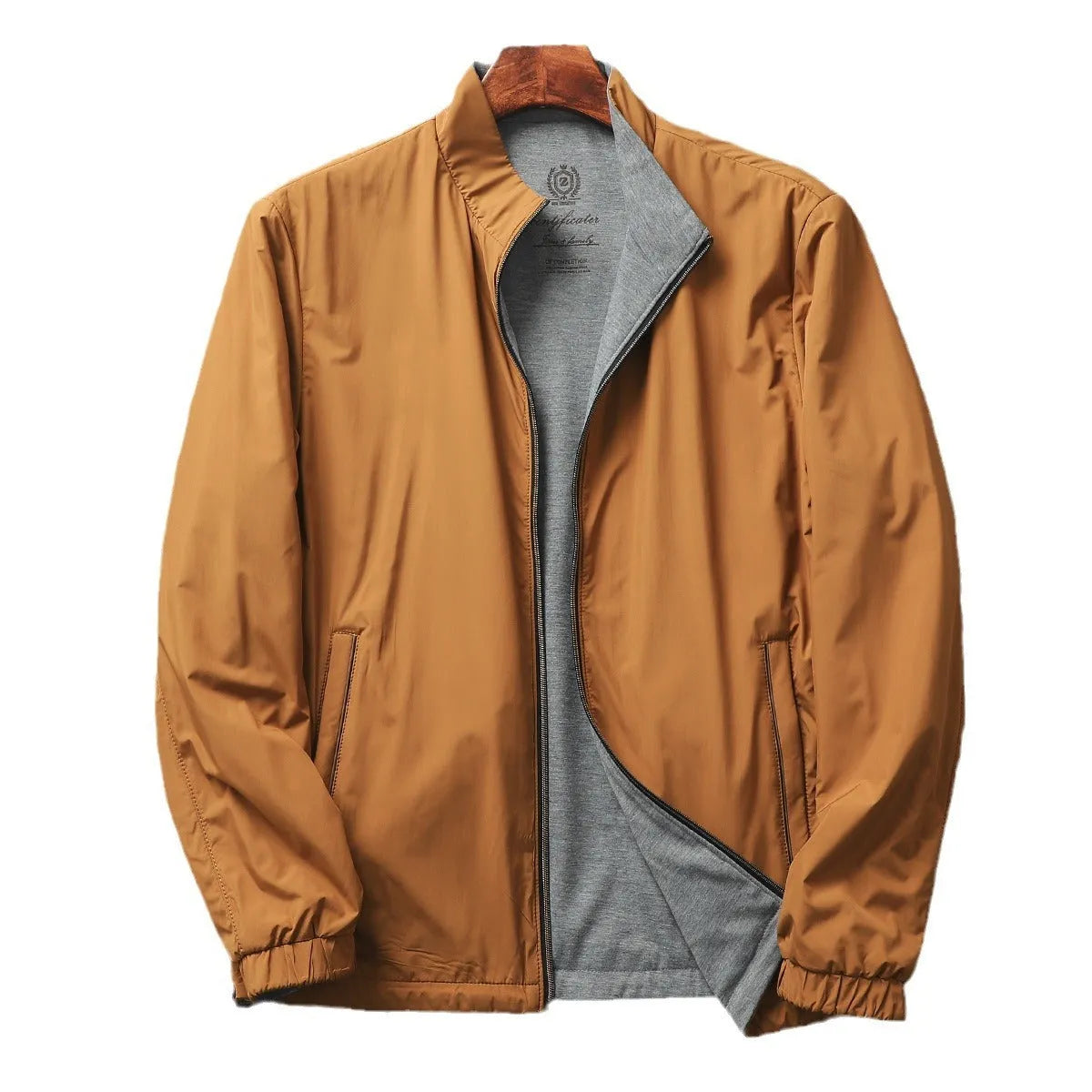 Men's simple stand collar casual jacket in army green, shown on a model.