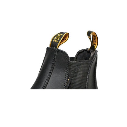 Black leather high-top safety work boots with anti-piercing sole on a worksite background.