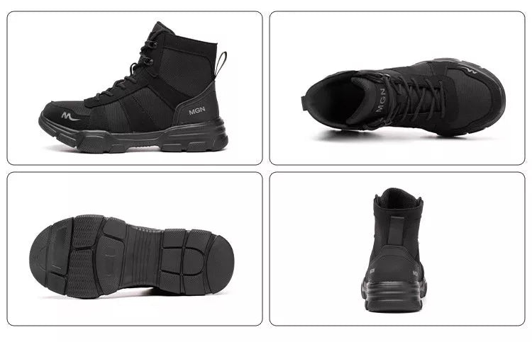 High-top protective shoes with steel toe and anti-puncture sole in black and beige