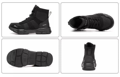 High-top protective shoes with steel toe and anti-puncture sole in black and beige