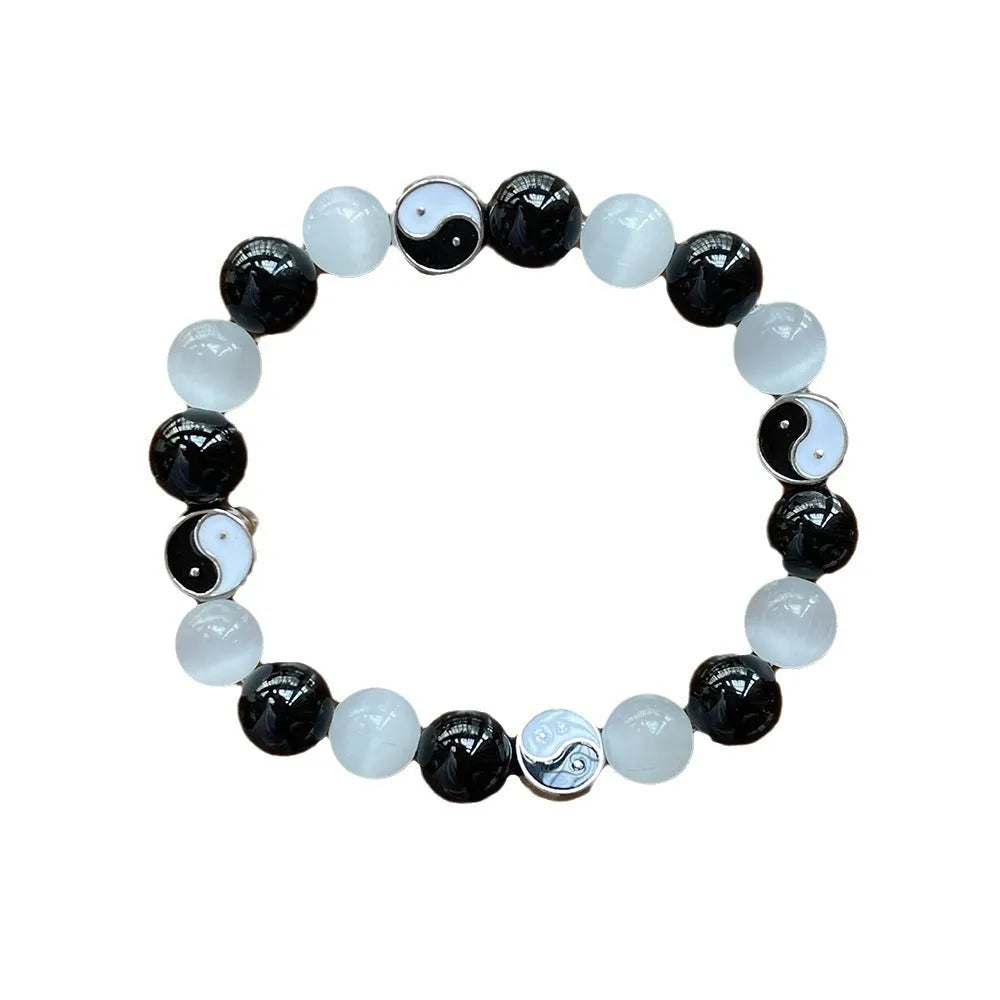 Natural opal and black agate Tai Chi bracelet with 10mm beads in Chinese unisex design