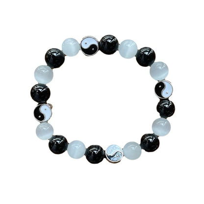 Natural opal and black agate Tai Chi bracelet with 10mm beads in Chinese unisex design